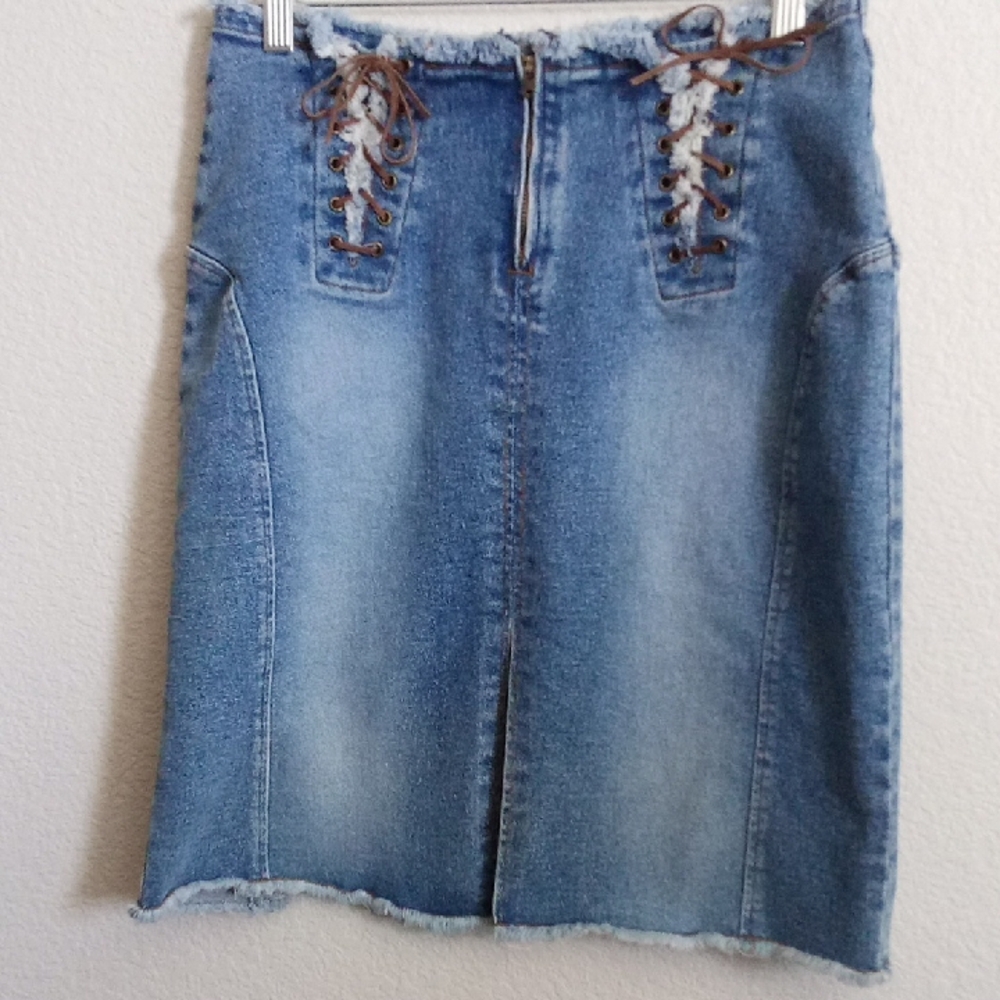 Route 66 Denim Leather Lace-Up Straps Stressed Skirt B27